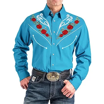 Модная роскошная мужская рубашка с пуговицами на лацканах повседневная синяя рубашка с западным принтом мужской кардиган для выпускного вечера рубашка оверсайз  5