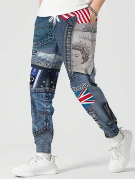 Модные джинсы HX, искусственный Ретро-деним, Брюки с 3D-принтом Флага Великобритании, Эластичные карманы, Повседневные брюки, Спортивные Штаны, Мужская одежда, Прямая поставка  5