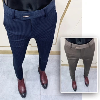 Модные костюмные брюки в полоску, мужские облегающие брюки с узкими лодыжками, Мужские офисные брюки для вечеринок, Мужские деловые облегающие модельные брюки  0