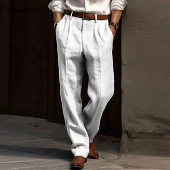 Модные мужские офисные однотонные брюки с прямыми карманами, мужские костюмные брюки, новые весенне-осенние хлопчатобумажные льняные дышащие тонкие брюки на каждый день  2