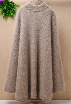 Модный топ mujer femme, свободный вязаный пуловер из меха ангорского кролика с длинными расклешенными рукавами, свитер, норковое кашемировое платье, зима  5