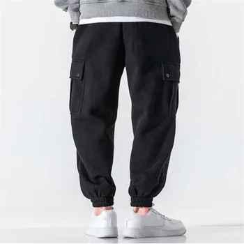 Мужские брюки-карго, осень-зима, в стиле хип-хоп, матовые однотонные прямые брюки с эластичной резинкой на талии, утепленные Спортивные штаны в корейском стиле  5