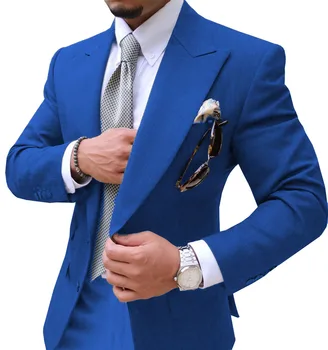 Мужские костюмы, приталенный блейзер королевского синего цвета, официальный деловой костюм для свадьбы, смокинги жениха (куртка + брюки)  5
