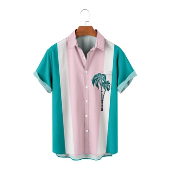 Мужские повседневные гавайские рубашки с лоскутным принтом кокосовых пальм в разные полосы, розовые рубашки с коротким рукавом, крутые летние топы  5