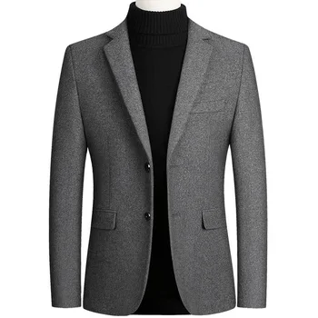 Мужские шерстяные блейзеры, мужской пиджак, однотонная деловая повседневная зимняя куртка оверсайз, мужская одежда, свадебный костюм, пальто 4XL BFJ002  10