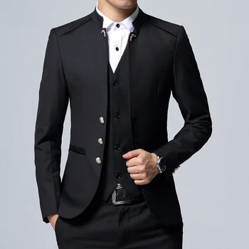 Мужской костюм, комплект из 3 предметов, приталенная куртка, брюки, жилет, свадебный банкет, мужской воротник-стойка, однотонный деловой повседневный блейзер, пальто  5