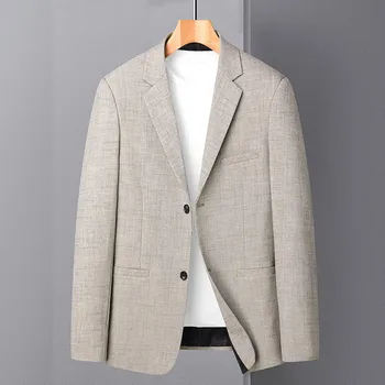 Мужской однотонный пиджак для отдыха с двойной пряжкой HOO 2023, осенний новый молодежный деловой приталенный блейзер  5