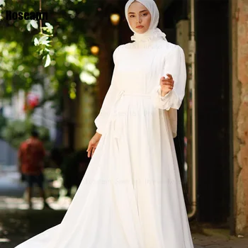 Мусульманские Высококачественные Свадебные Платья Трапециевидной формы Дизайна 2024 года С Высоким воротником И Поясом, Драпированные Складками Длиной До пола, Платье Невесты robe de mariée  5