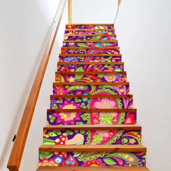 Наклейки на лестницу с цветами кешью, абстрактные художественные наклейки на ступени лестницы, самоклеящиеся красочные цветочные фрески на лестнице, декор ступеней в помещении  5