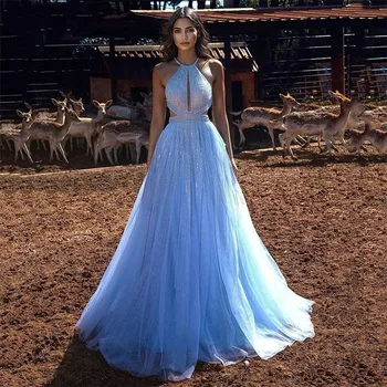 Небесно-голубое платье принцессы из тюля с блестками на бретелях, элегантные блестящие платья для вечеринок с открытой спиной, vestidos de fiesta  5