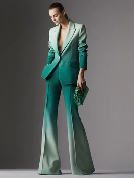 Новейший модный дизайнерский костюм HIGH STREET, Элегантный женский блейзер с градиентным принтом на одной пуговице, брюки-клеш, костюм из 2 предметов  5