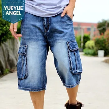 Новые брендовые мужские Большие размеры, свободные мешковатые короткие джинсы для мужчин, джинсовые брюки в стиле хип-хоп, прямые брюки-карго с синими карманами, мужские 46  5