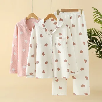Осенне-зимние хлопковые пижамы для отдыха с лацканами, Милые Простые пижамы с длинными рукавами и брюками, Женские пижамы из термостойкой сэндвич-ткани  10