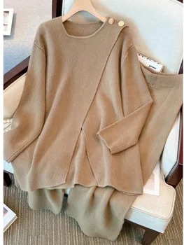 Осенне-зимний трикотажный комплект из двух предметов, женская одежда высокого качества, Корейский Повседневный Раздельный пуловер, свитер + широкие брюки, комплекты 4XL  5