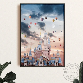 Плакат с замком Диснейленд, картина на холсте, Мультяшный воздушный шар, Волшебный закат, Настенные художественные принты, украшение для детской комнаты, украшение для дома  5