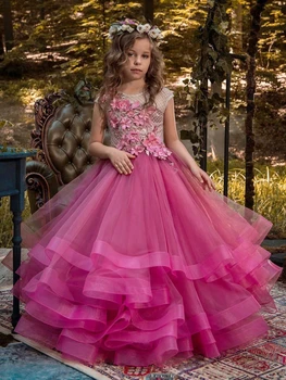 Платья для девочек-цветочниц из розово-красного тюля с 3D цветочными аппликациями, Многоуровневый короткий рукав для свадеб, банкетов на День рождения, платья принцессы  5