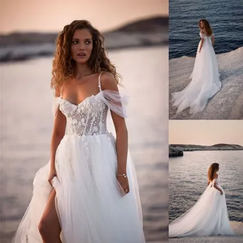 Простое пляжное свадебное платье трапециевидной формы, сексуальное свадебное платье с открытыми плечами, кружевные аппликации бисером, Элегантное платье без спинки, Vestidos De Noiva  3