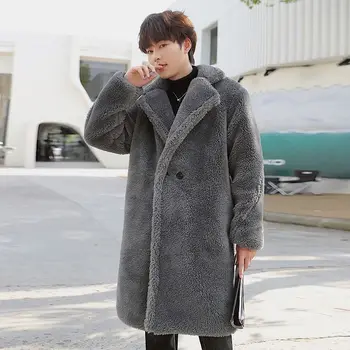 Пушистые толстые куртки, мужские осенне-зимние длинные куртки из искусственного меха овчины, мужская повседневная модная верхняя одежда, толстые теплые пальто в корейском стиле  5