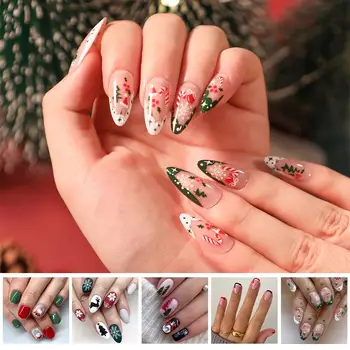 Рождественские Накладные Ногти Короткие Круглые Французские Накладные Ногти Красный Зеленый Клей Искусственная Палочка Снеговик Рождество На Узоре Дерево Ногти X1T4  5