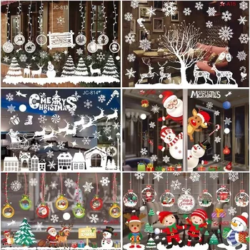 Рождественские наклейки на окна Санта Клаус, снеговик, лось, снежинки, наклейки на стены, украшение окон, бесследные наклейки, Рождественские подарки  4