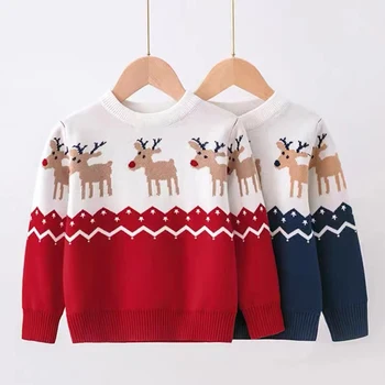 Рождественский свитер для мальчиков и девочек, Осень-зима, Пуловер с Санта-Клаусом, Вязаный свитер, Рождественский Олень, Лось, Детские кофты, Трикотажные топы  10
