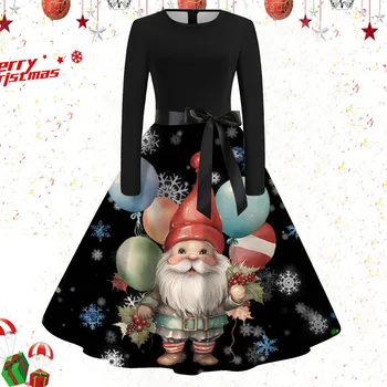 Рождественское платье с круглым вырезом и длинным рукавом, женское винтажное платье для рождественской вечеринки 2024, осенние повседневные платья с рисунком Санта-Клауса, женские vestidos  5
