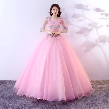 Розовое Бальное платье Sweet Fairy, Элегантные Пышные Платья длиной до пола С Коротким Рукавом, Сексуальное Платье С Глубоким V-образным вырезом Vestidos De 15 С Аппликациями  3