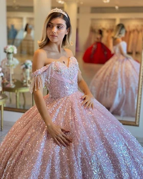 Розовые пышные платья принцессы, бальное платье с открытыми плечами, блестки, жемчуг, 16 платьев, 15 платьев на заказ  5