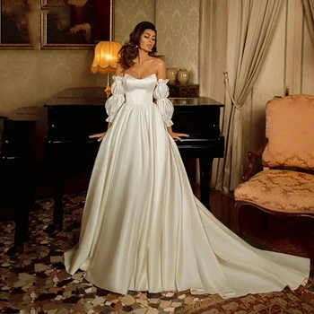Роскошное свадебное платье Простого изысканного силуэта, облегающее, с открытыми плечами, белого цвета, со шлейфом, с пышными рукавами, свадебные платья с запахом  5