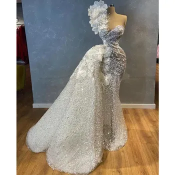 Роскошное свадебное платье русалки на одно плечо со съемным шлейфом, расшитое блестками, женское платье с цветочной аппликацией YD  3