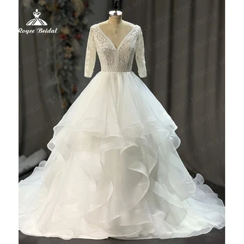 Роскошные Свадебные платья из органзы с оборками трапециевидной формы, 2023, V-образный вырез, половина рукава, Бохо, кружевное свадебное платье принцессы, Vestidos Para Mujer  10