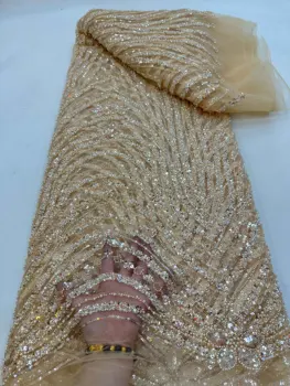 Роскошный Африканский Жених Блестки Кружевная Ткань Высокого Качества 2023 Тяжелый Бисер Вышивка Французский Тюль Кружева Нигерийское Свадебное Платье  5