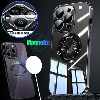 Роскошный Прочный Магнитный Чехол для Телефона iPhone 15 Pro Max 15 Plus 15Pro Magsafe Беспроводная Зарядка с Защитой Объектива для iPhone  10