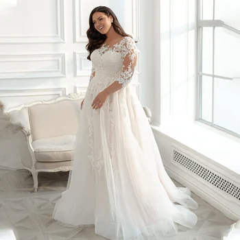 Свадебное платье большого размера трапециевидной формы, длина в пол, кружевные аппликации, очаровательная складка, женское свадебное платье большого размера, винтажная принцесса  5