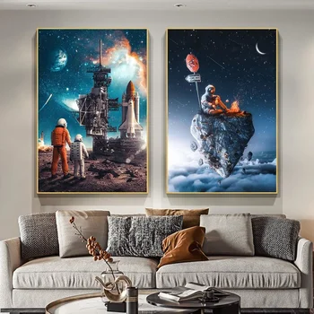 Современное полотно Планета Ракета Космический корабль Космическое путешествие астронавта Плакаты и принты Картины для украшения детской мебели  4