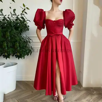 Темно-красное короткое платье трапециевидной формы для выпускного вечера, сексуальные вечерние платья с высоким разрезом, пышные вечерние платья с короткими рукавами на молнии сзади  4