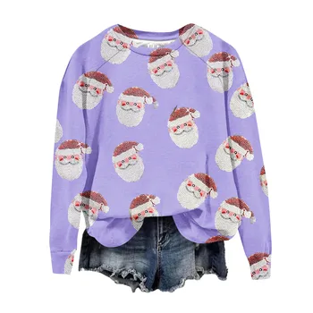 Толстовка с круглым вырезом для женщин, забавные пуловеры с рождественским принтом Санта-Клауса из мультфильмов, толстовка, повседневные пуловеры, топы  5