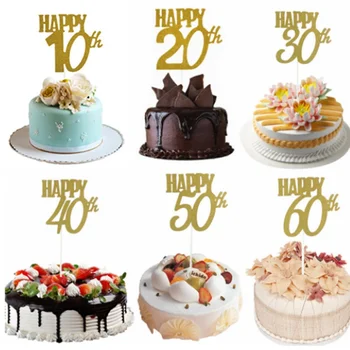 Топпер для торта с Днем рождения 10 20 30 40 50 60-е Блестящее украшение для торта на годовщину свадьбы Принадлежности для вечеринок  5