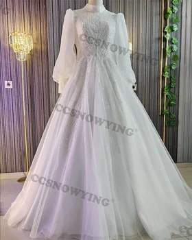 Тюлевые Аппликации Из Бисера Свадебное Платье для Невесты С Длинным Рукавом И Высоким Вырезом Хиджаб Мусульманское Платье Невесты Дубай Арабское Vestidos De Novia  5