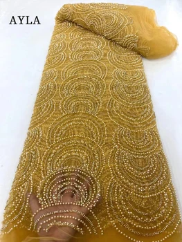 Тяжелые бусины Африканская Кружевная ткань с блестками 2023 года, Высококачественная Дубайская Жемчужная вышивка, Нигерийское Свадебное Шитье Из Белого кружева для Новобрачных  4