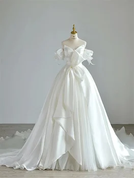 Французские роскошные белые свадебные платья с открытыми плечами, трапециевидный шлейф принцессы, свадебное платье из органзы с бантом, новинка 2024 года  4