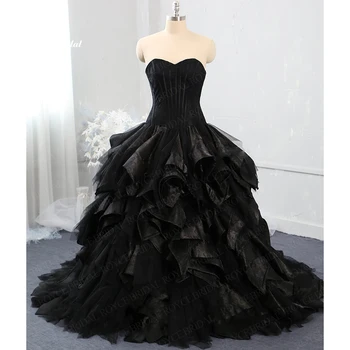 Черное свадебное платье 2023 из тюля с оборками в виде сердечка, трапециевидное платье принцессы для новобрачных, пляжное платье в стиле бохо, элегантные платья из тюля Vestido De Noiva  5