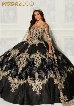 Черные пышные платья в готическом стиле с длинной накидкой 2023, корсет с аппликацией из пайеток, Большой бант, vestidos de baile  4