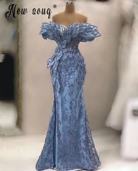 Элегантное вечернее платье с открытыми плечами в виде листьев 2023, синие вечерние платья Русалки, женское платье для свадебной вечеринки в Дубае, сшитое на заказ  5