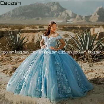 Элегантное пышное платье принцессы с блестящими 3D цветами, бальное платье с открытыми плечами, вечернее платье для выпускного вечера Sweet 16 Vestidos De 15 Años  3