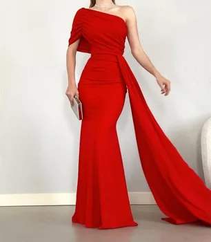 Элегантные длинные вечерние платья из красного крепа на одно плечо в русалку, плиссированные платья в пол для выпускного вечера с боковым шлейфом для женщин  5