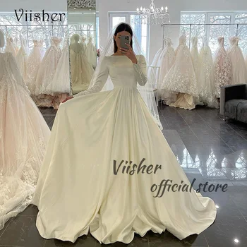 Элегантные свадебные платья Viisher из белого атласа для невесты с длинным рукавом и круглым вырезом, мусульманские свадебные платья из Дубая со шлейфом  3