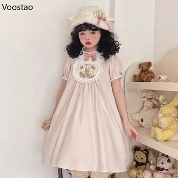 Японское платье принцессы Каваи Лолиты для девочек с милым бантом и пышными рукавами, ночная рубашка с вышивкой Кролика, Викторианское винтажное мини-платье  3
