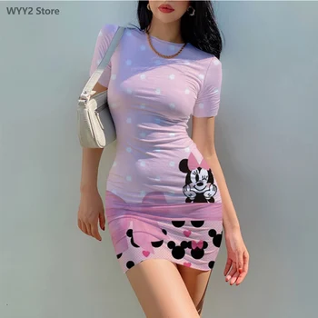 Женское Сексуальное платье Disney Minnie 2023, Летнее Европейское и Американское Облегающее Платье С Коротким рукавом, Мини-платье с 3D-печатью  3