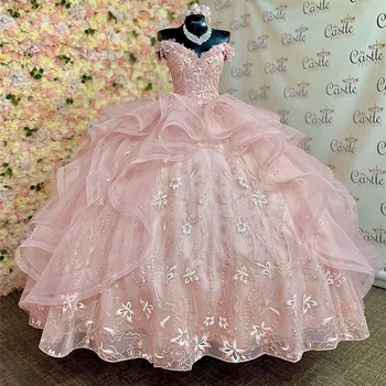 Реальные фотографии Пышных платьев коралловой принцессы с 3D цветами, бального платья на день рождения, тюля на шнуровке, Сладких 16 платьев, vestidos de 15  1